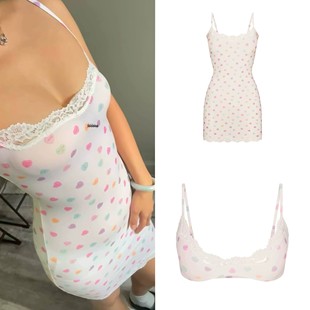 正品情人节系列SKIMS卡戴珊蕾丝彩色爱心吊带连体衣短款连衣长裙