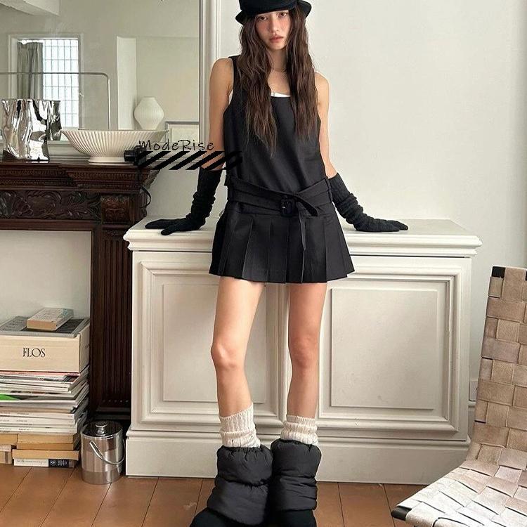 学院风双腰带百褶短款无袖连衣裙