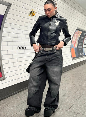 国现Jaded London 复古黑灰色水洗做旧牛仔裤中低腰廓形直筒长裤