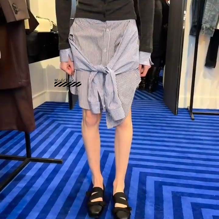 条纹绑带衬衣假两件休闲半身裙