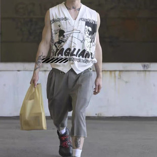 国现正品 Magliano 25SS白色匹诺曹涂鸦字母印花坎肩背心V领马甲