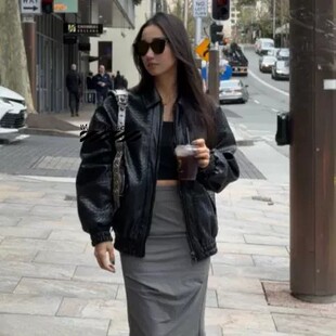 国现正品 Lioness夹克皮衣街头复古编织人造皮革飞行员男友风外套