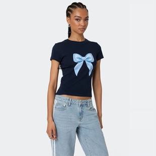 正品速发*Edikted*简约百搭甜美休闲蝴蝶结印花正肩露腰短袖T恤女