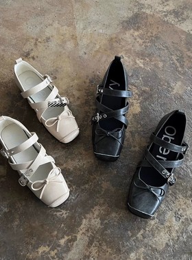 在途正品 OPENYY 25款复古方头芭蕾舞鞋交叉绑带玛丽珍鞋猪鼻单鞋