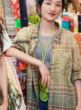 R13 2024早秋新品工装风绿色渐变格纹垂领休闲衬衫