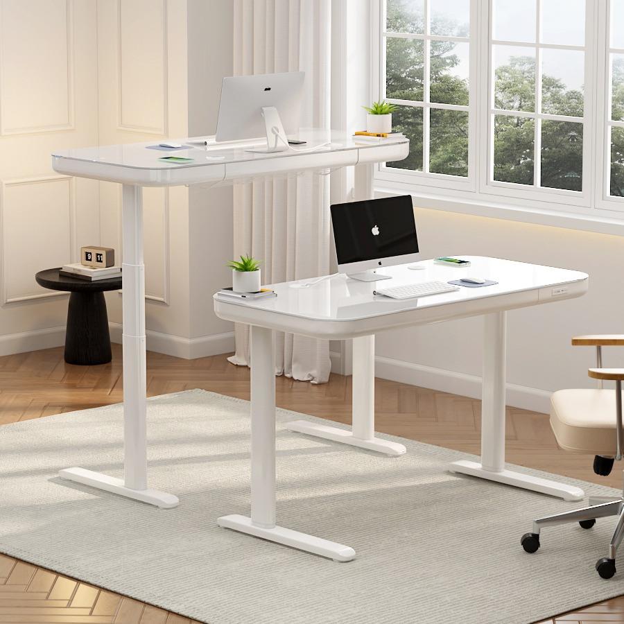 新款家用学习升降桌钢化玻璃金属桌腿 无线充办公桌 电动升降桌