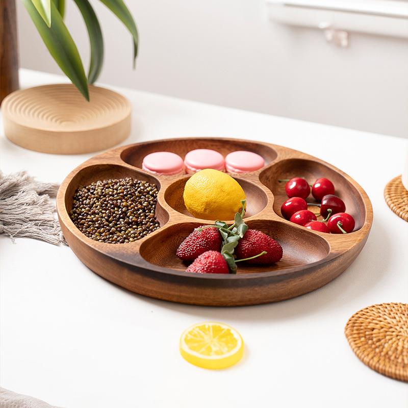 圆形实木分格盘创意家用五格盘干果盘子日式茶点盘柚木托盘分格盘