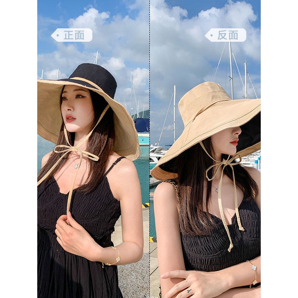 18CM超大帽檐遮脸双面渔夫帽女夏季韩版遮阳防晒防紫外线太阳帽子