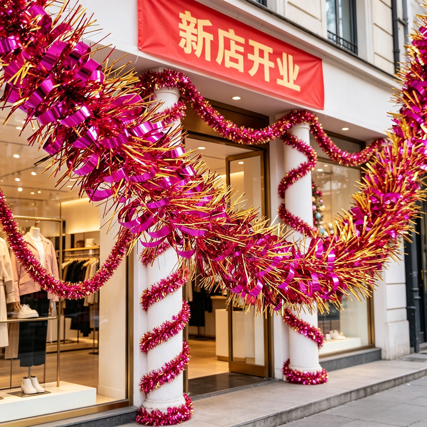 新店铺开业毛条拉花超市天花板吊顶装饰商场服装店里喜庆氛围布置