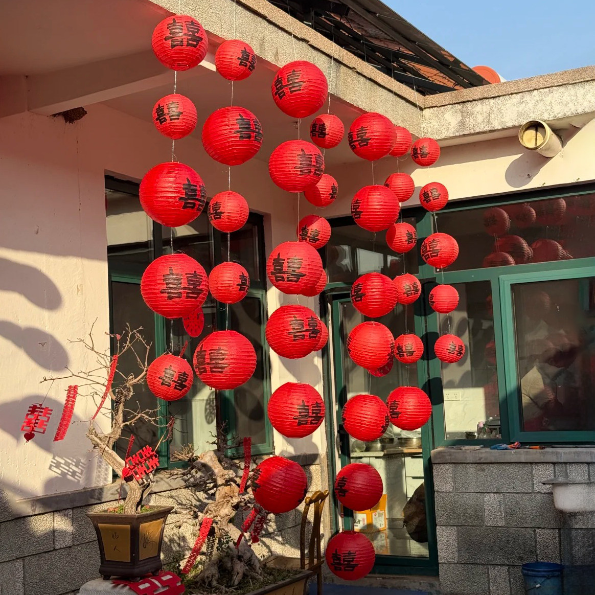 结婚专用红色喜字纸灯笼串瀑布农村婚礼院子大门口装饰户外树挂饰