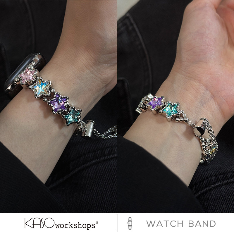 KASO适用苹果手表链条表带iWatch表带S9美感高级水晶星星金属手链条AppleWatch夏日s11女小众10串珠彩色镶钻