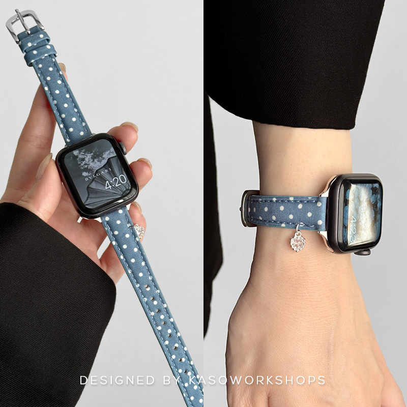 KASO秋冬新款细款波点尼龙皮革iwatch手表带s11适用applewatch女款ultra苹果9表带小众腕带s10高级感se红色