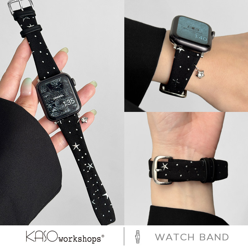 KASO新款细款波点牛仔布皮革iwatch手表带s11适用applewatch女款ultra苹果s9表带小众腕带s10高级感se复古