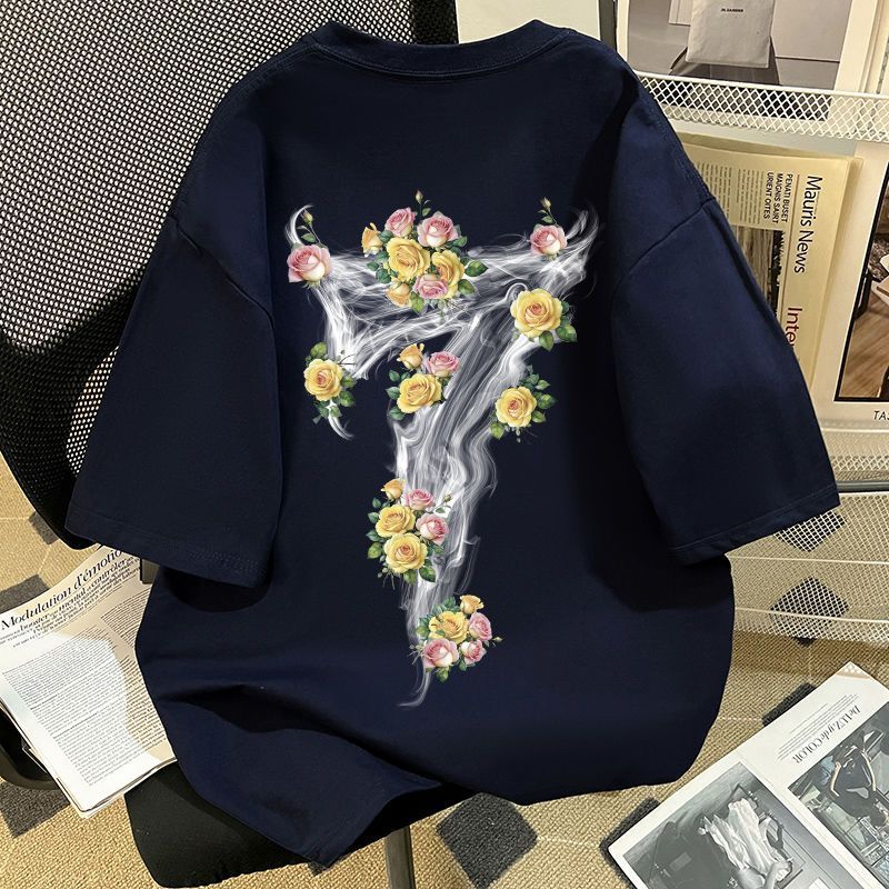 2025新款美式个性花卉字母印花短袖休闲圆领百搭纯棉宽松T恤男女