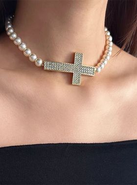 珍珠满钻十字架项链女颈链chocker配饰高级感轻奢小众锁骨链饰品