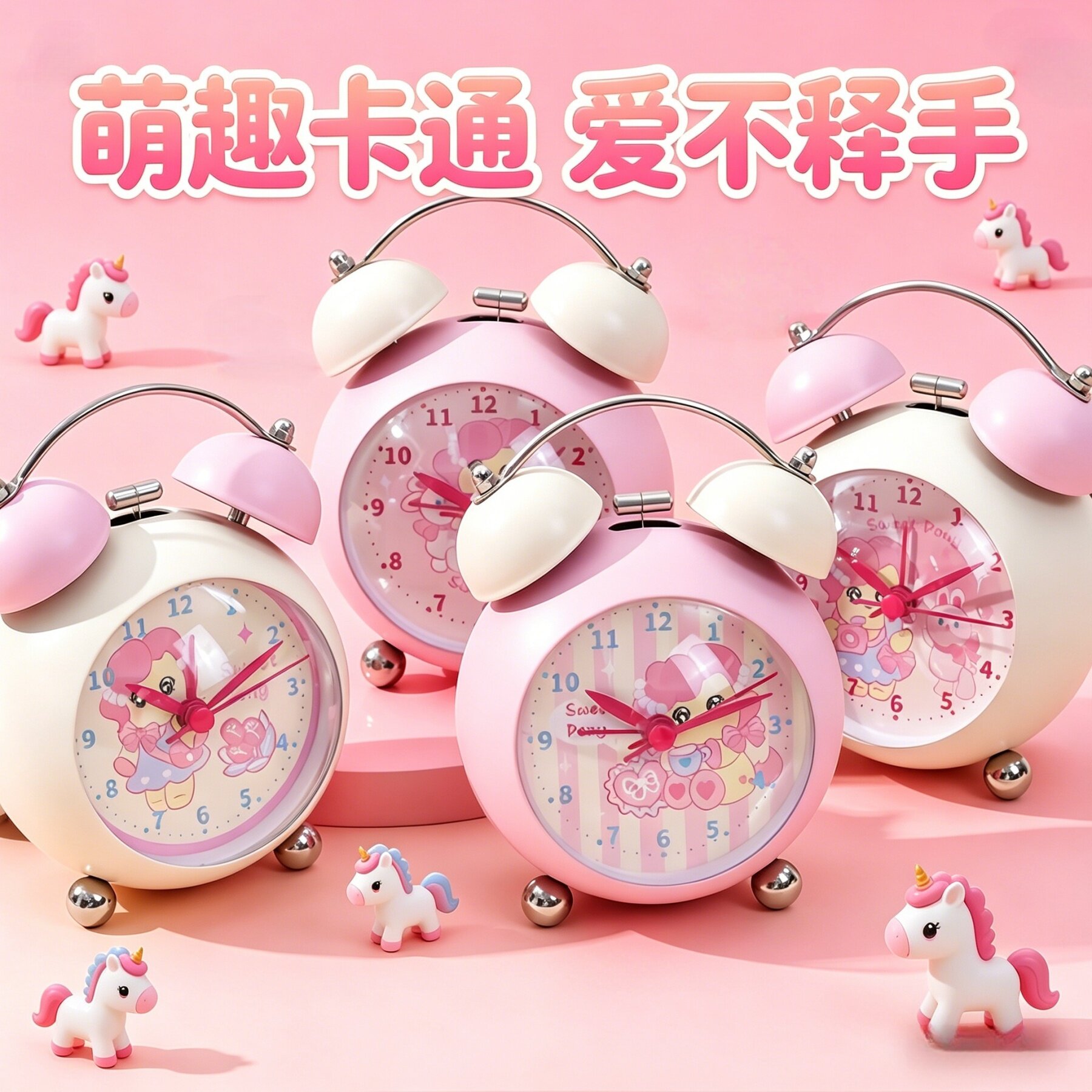 小马粉色儿童闹钟静音桌面时钟上学专用起床神器学生儿童定时闹钟