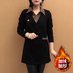 中年妈妈装中长款打底上衣2025秋冬新款假两件时尚休闲长袖连衣裙