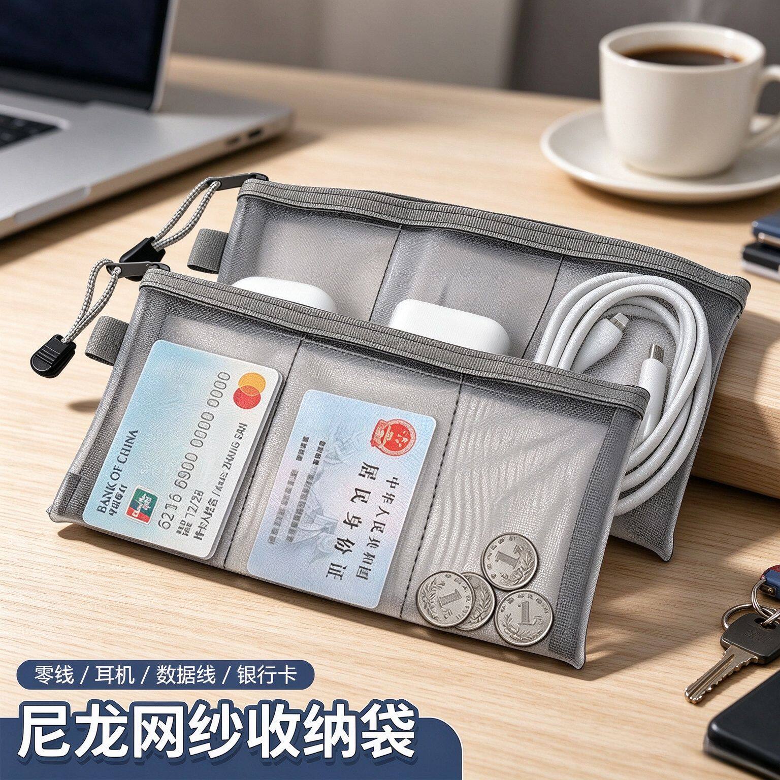 三格分层网纱收纳袋透明数据线