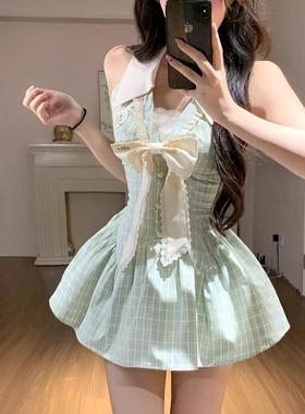 韩缪越南小众Laneci法式纯欲风甜美复古格纹蝴蝶结收腰连衣裙