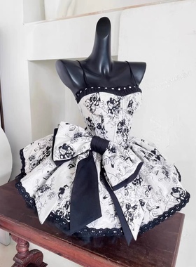 POSHE修身新款上市高定如心月桂诗众灵加冕白底黑花长裙吊带印花