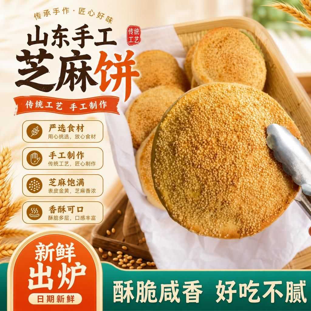 山东特产五香芝麻吊炉大烧饼传统美食即食早餐商用纯手工炭烤烧饼