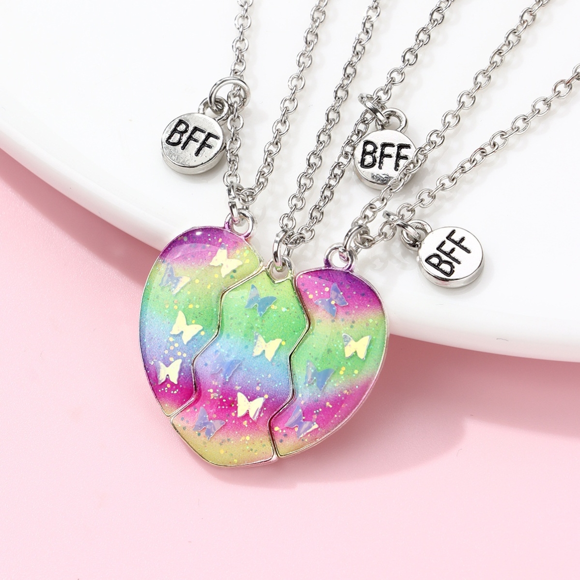 蝴蝶爱心拼接闺蜜项链三人磁吸友谊姐妹礼物儿童女童一人一半吊坠