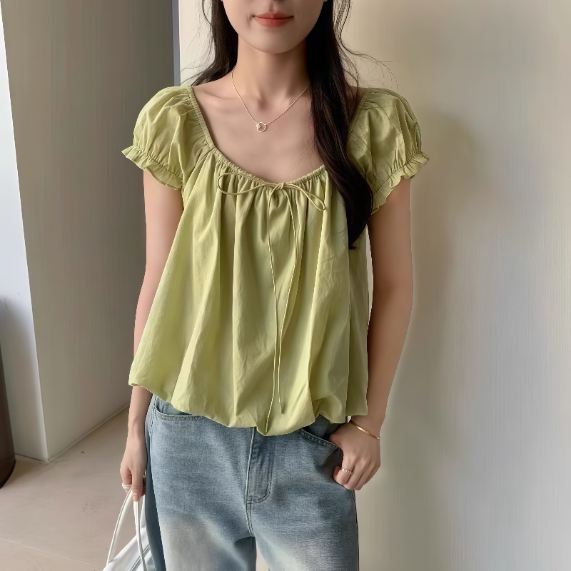 纯色抽皱花边短袖蓬蓬衬衫女装2025夏天减龄休闲百搭套头气质上衣
