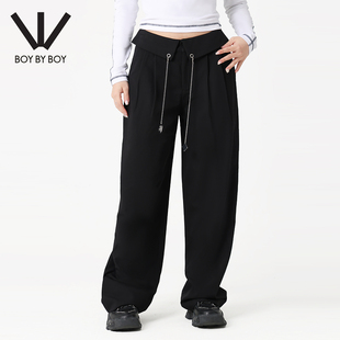 BOY BY BOY潮牌女装夏季黑色休闲裤翻折腰直筒垂感显瘦阔腿裤