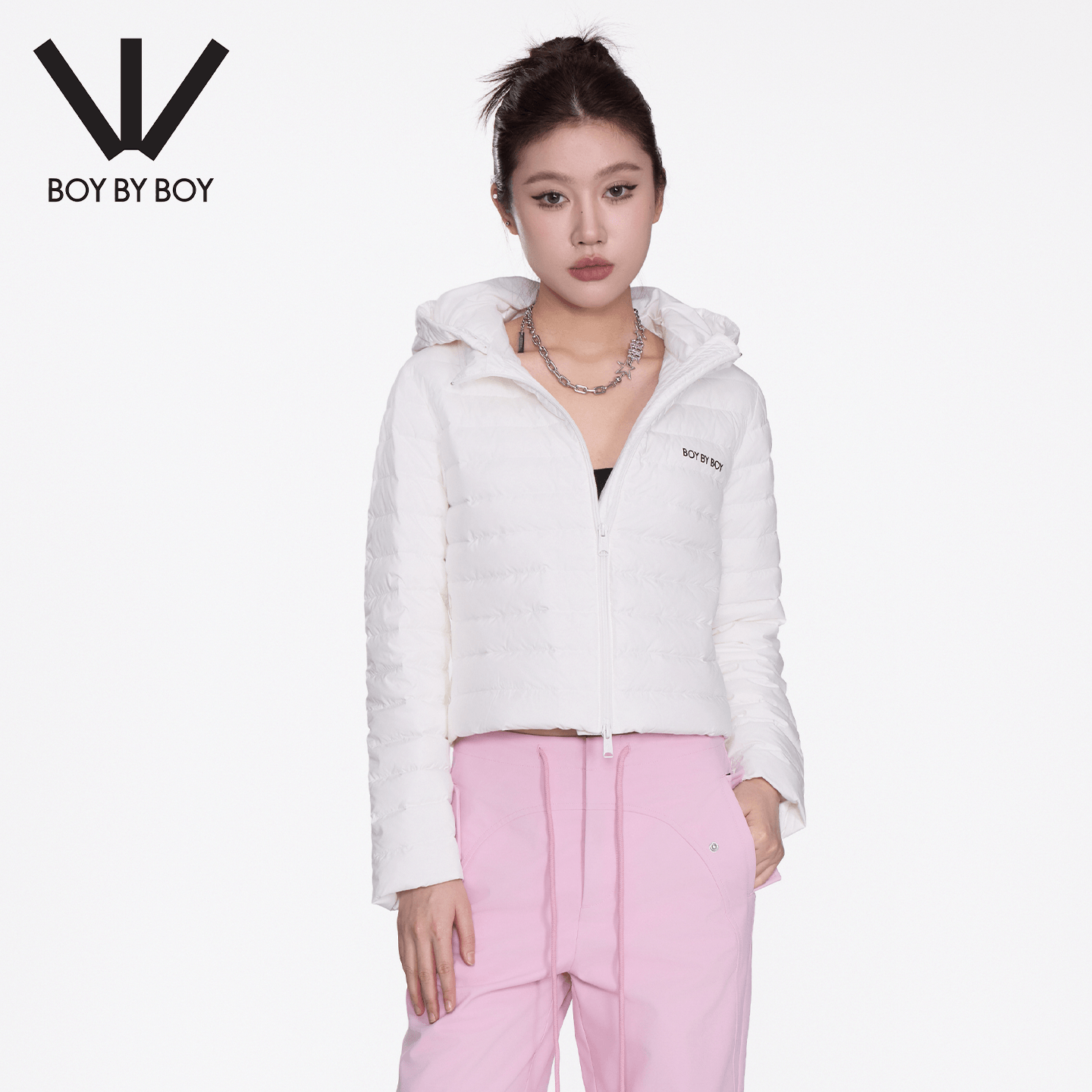 BOY BY BOY潮牌2025秋冬新款轻羽绒服女白色连帽短款轻薄时尚外套