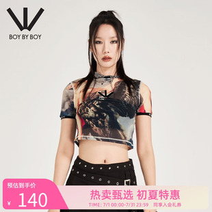 满印网纱植绒印花针织短袖 BOY 潮牌女装 T恤W01009 BOY春季