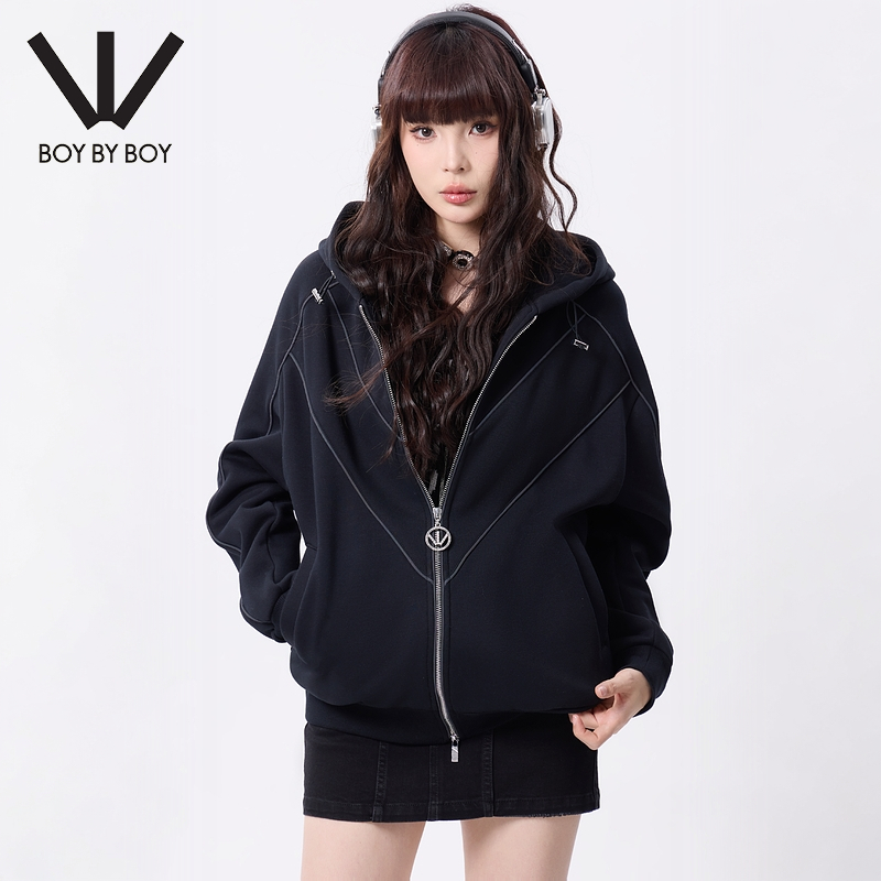 BOY BY BOY商场同款潮牌女装冬季宽松加绒连帽开衫卫衣W06006