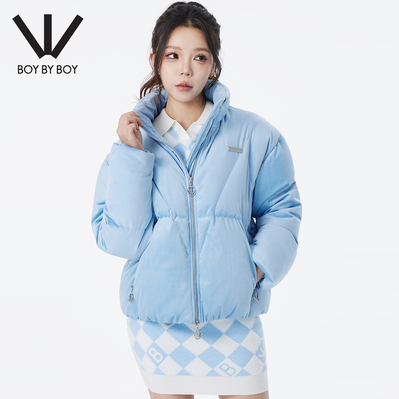 BOY BY BOY冬季潮牌女装baby蓝异形钻logo图案潮酷百搭缎面羽绒服