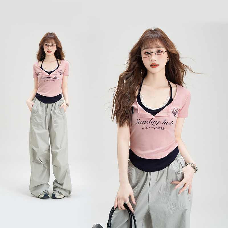 美式辣妹假两件短袖T恤女夏季