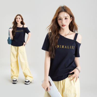 美式辣妹斜肩短袖t恤女2025夏季