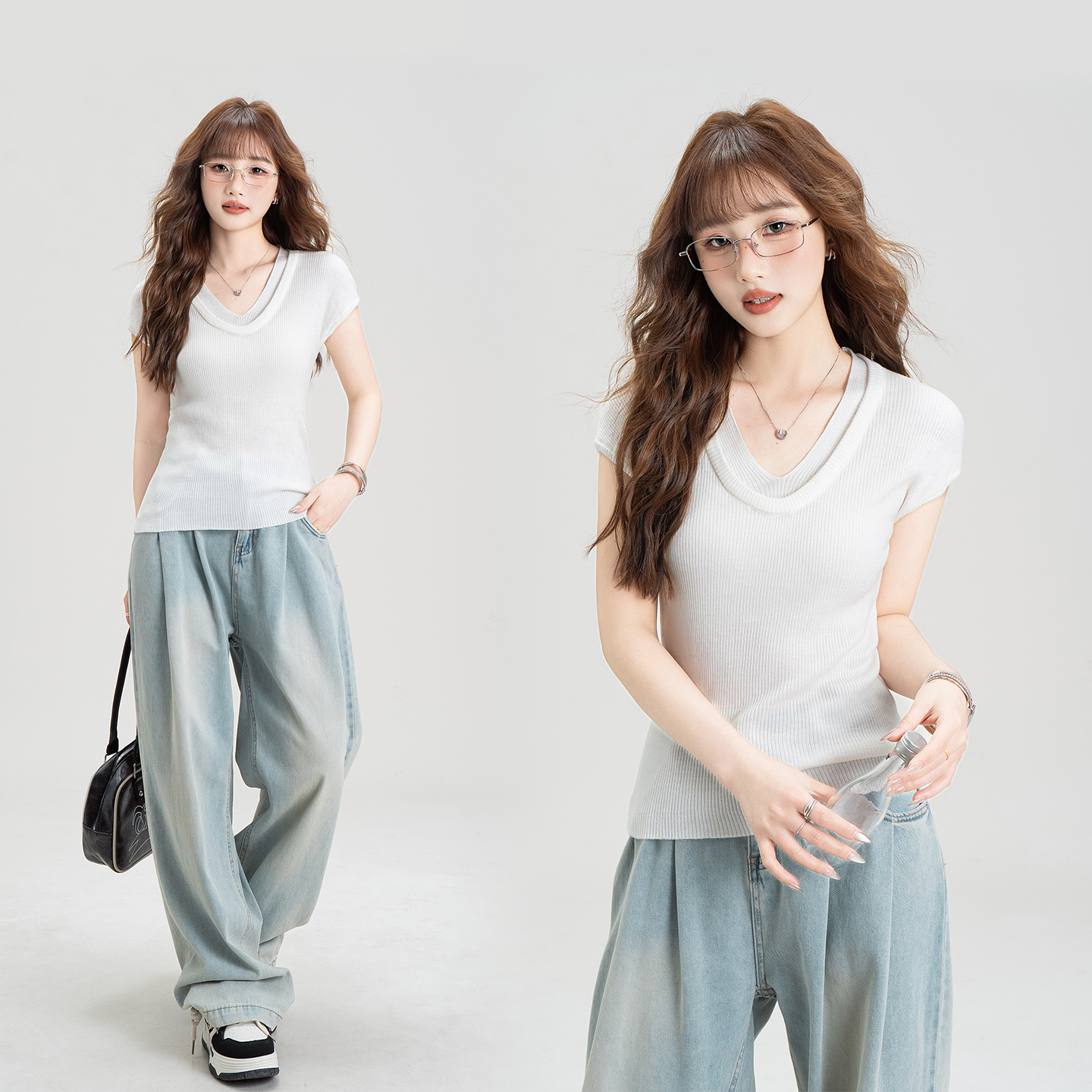 白色v领假两件针织T恤女