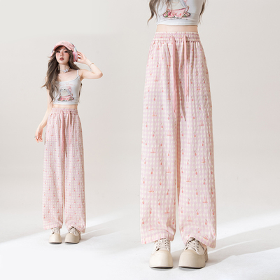 粉色格子蝴蝶结印花休闲裤女夏季