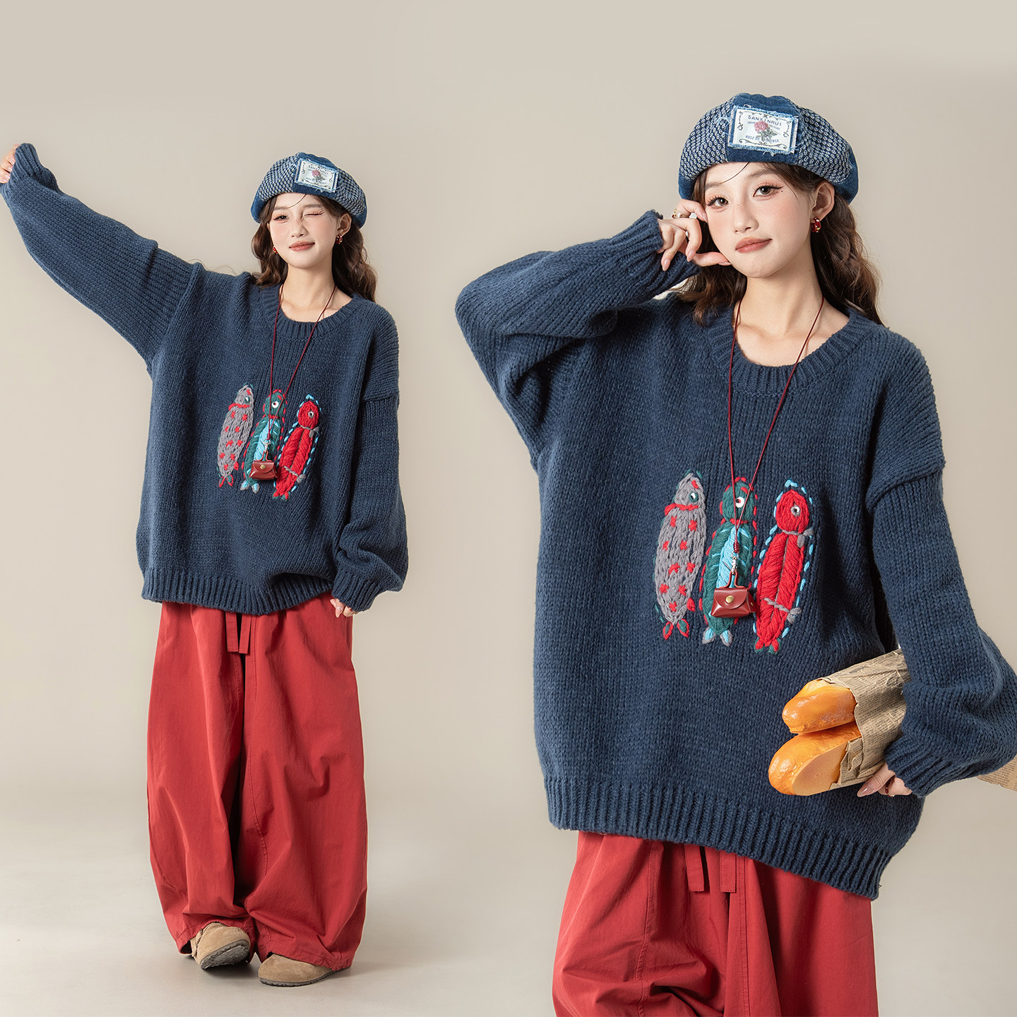 韩版刺绣提花毛衣女2026年秋冬新款宽松套头针织衫长袖藏青色上衣