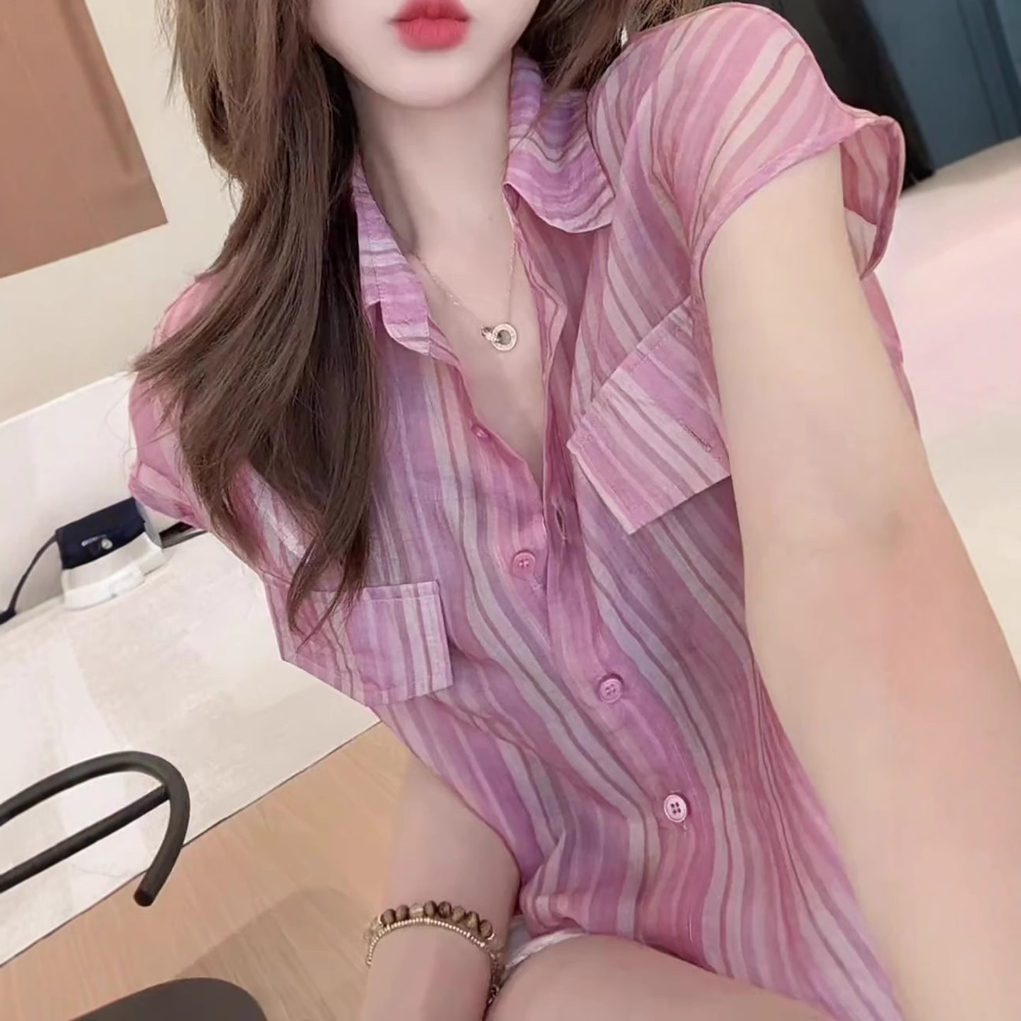 粉色条纹短袖衬衫女夏季