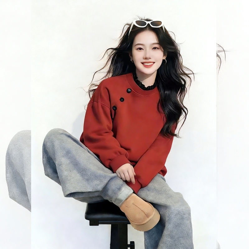 温娴舒仪~蕾丝拼接红色加绒无帽卫衣女冬季套头宽松休闲百搭上衣,女装/女士精品,大码内搭,淘宝优惠券,粉丝福利购,淘宝优惠卷