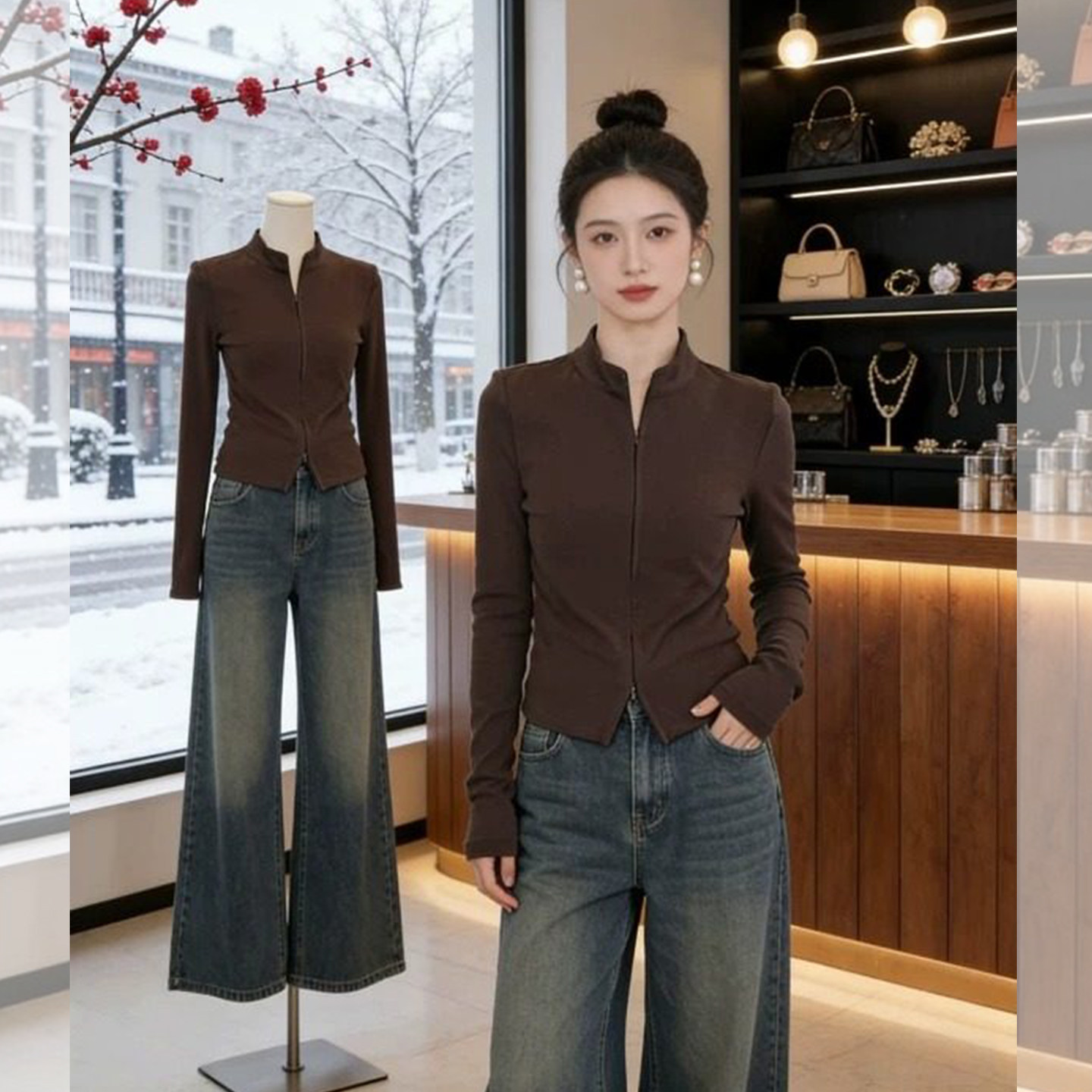 简约酷感~美式复古立领拉链长袖T恤女修身显瘦短款内搭上衣打底衫,女装/女士精品,大码内搭,淘宝优惠券,粉丝福利购,淘宝优惠卷