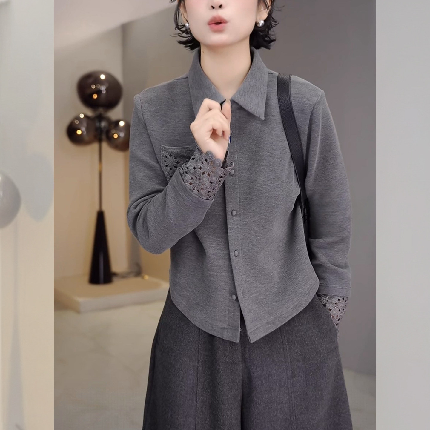 灰色记忆~双面绒蕾丝镂空拼接内搭打底衫女2026秋季修身显瘦上衣,女装/女士精品,大码内搭,淘宝优惠券,粉丝福利购,淘宝优惠卷