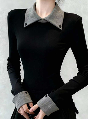 黑色幸运~韩系假两件拼接长袖T恤内搭打底衫女秋季设计感黑色上衣