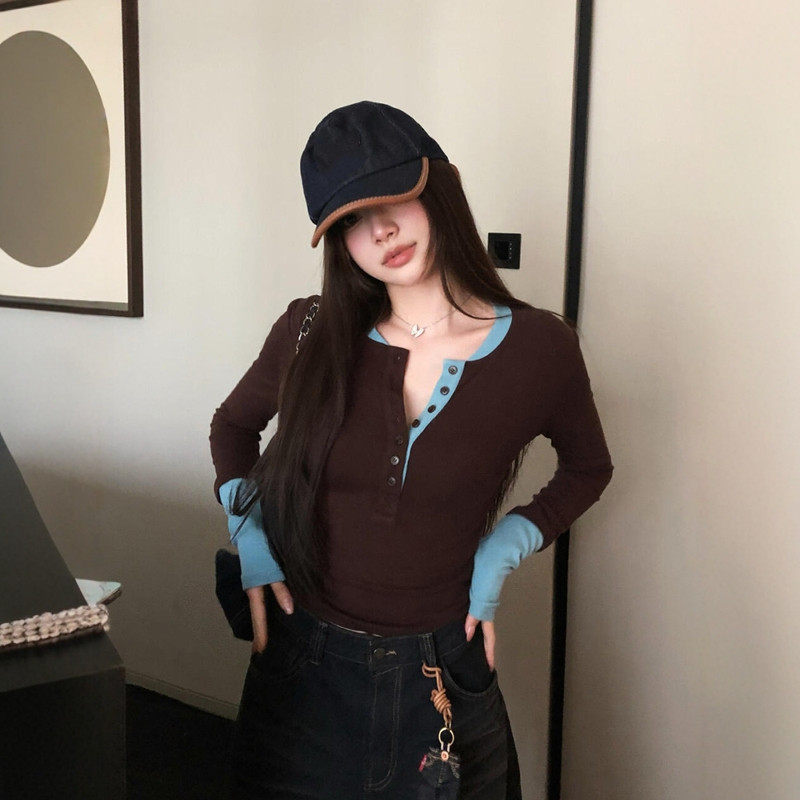 韩系甜酷撞色~深棕拼浅蓝亨利领长袖T恤女2026新款辣妹风修身上衣,女装/女士精品,T恤,淘宝优惠券,粉丝福利购,淘宝优惠卷