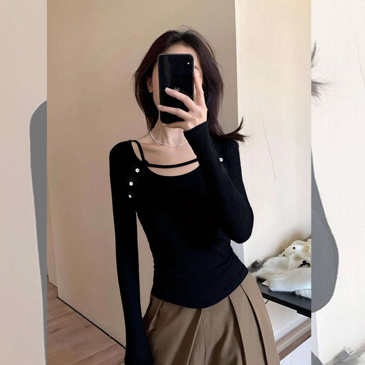 心机辣妹~小众设计感黑色上衣女秋冬镂空修身显瘦长袖T恤内搭打底,女装/女士精品,大码内搭,淘宝优惠券,粉丝福利购,淘宝优惠卷