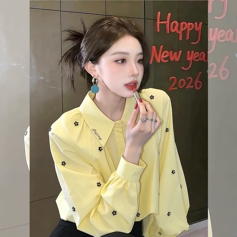 奶黄花絮~2026春装韩系翻领黄色衬衫女减龄刺绣宽松百搭长袖衬衣,女装/女士精品,大码内搭,淘宝优惠券,粉丝福利购,淘宝优惠卷