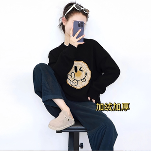 早秋小个子韩系百搭内搭上衣oversize美式 高街休闲风黑色印花卫衣