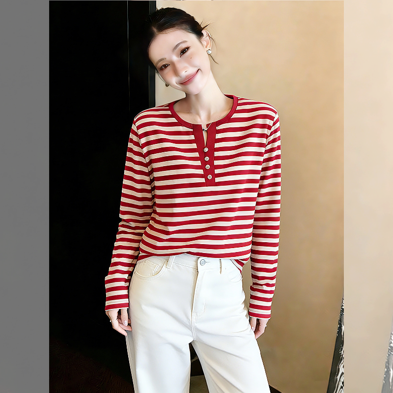 条纹美学~红色条纹亨利领长袖T恤女2026春季新款百搭显瘦休闲上衣,女装/女士精品,大码内搭,淘宝优惠券,粉丝福利购,淘宝优惠卷