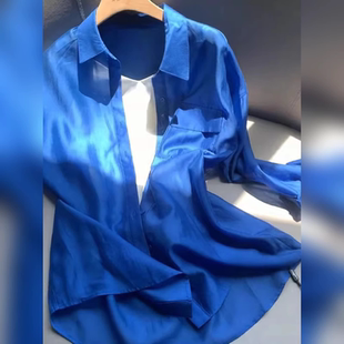 法式复古绝美薄款克莱因蓝防晒衬衫夏季时尚洋气百搭防晒开衫上衣
