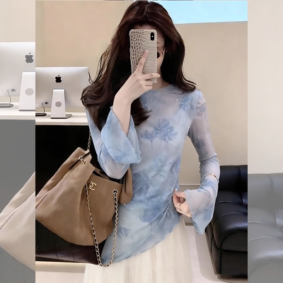 流光仙气~蓝色碎花网纱雪纺上衣
