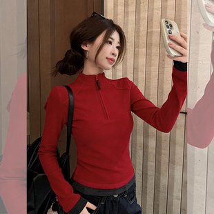 活力红色~半拉链立领德绒打底衫女秋冬可外穿休闲运动风修身上衣